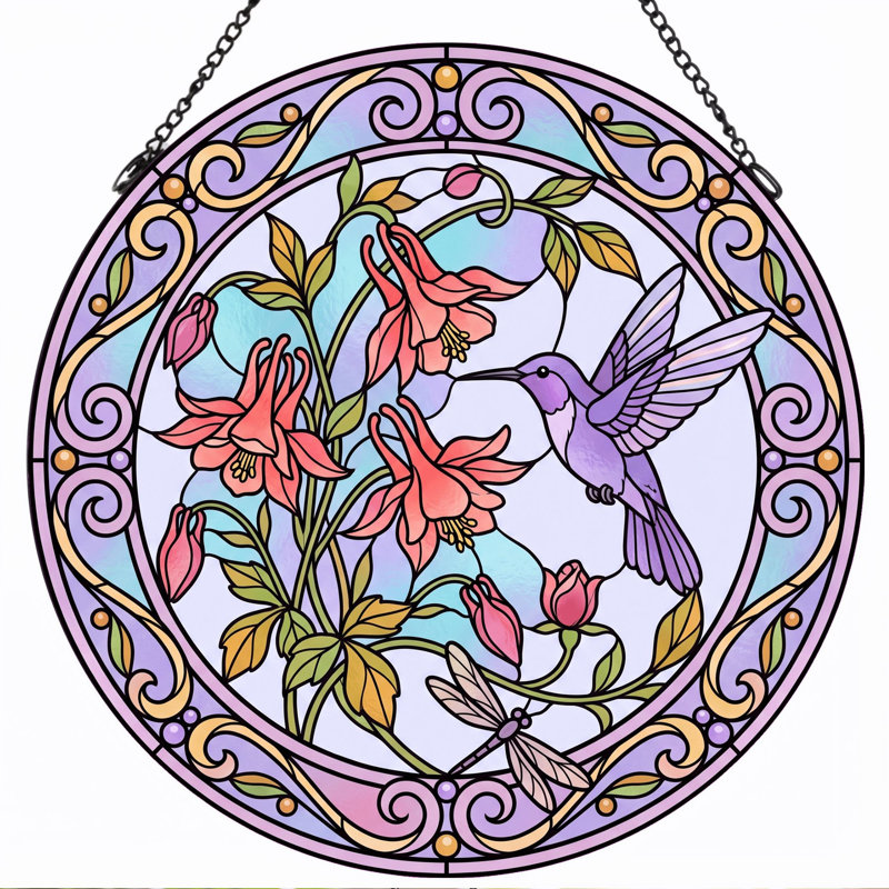 Panneau de vitrail à motif floral Colibri ， H 12 po, 12"H