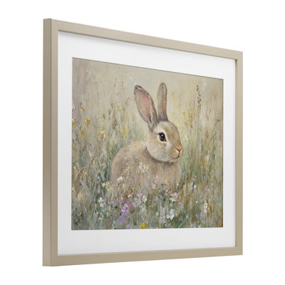 «Soft Color Rabbit in Meadow», reproduction sous verre encadrée, design par Petal Prints Design