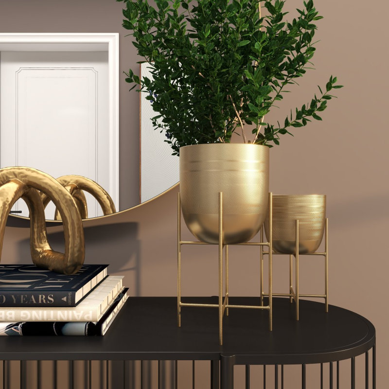 Ensemble de jardinières d'intérieur et d'extérieur en métal 2 pièces Alodee, Or