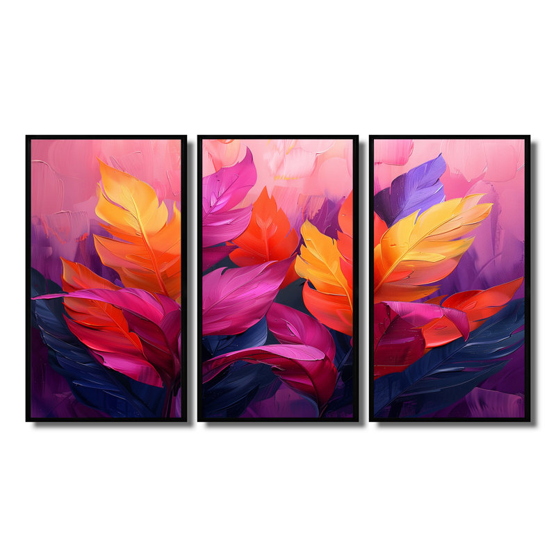 «Pink Yellow Feathered Fantasy I» «Pink Yellow Feathered Fantasy I» 3 pièces, Cadre flottant noir, H 28 po x l 36 po