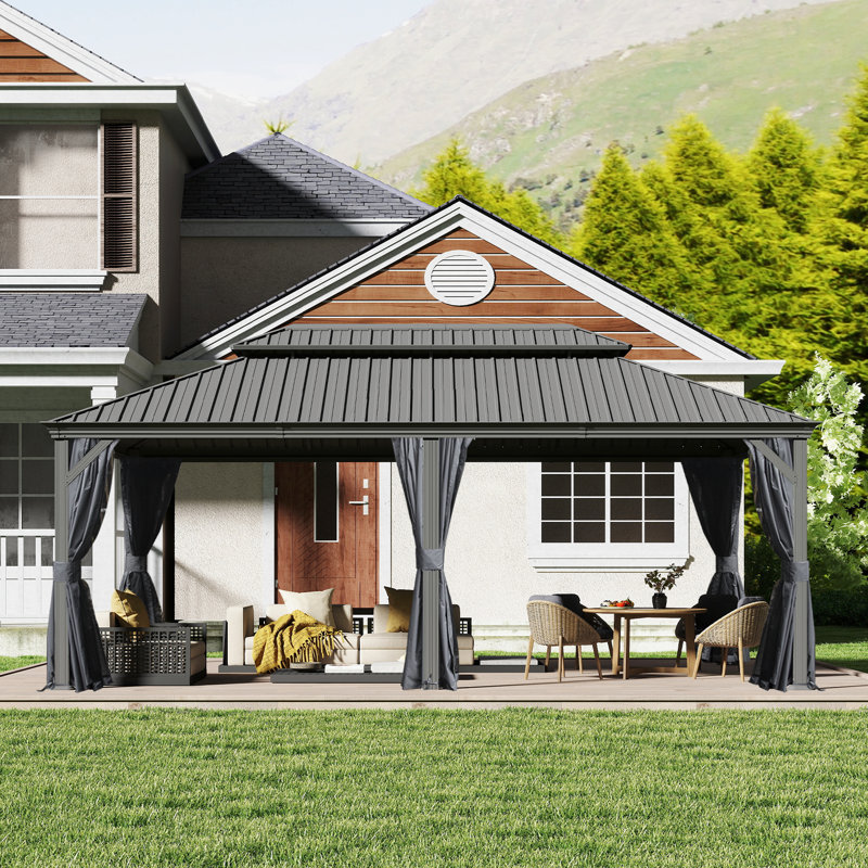 20 pi L 14 pi. D Pavillon de jardin en acier galvanisé avec double toit, Noir mat, Gris