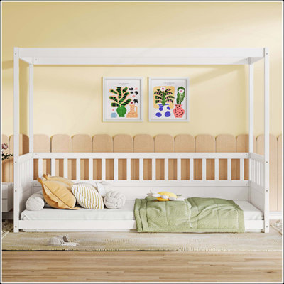 Charming Kids' Floor Bed Frame with Guardrails and Versatile Design for Safety and Comfort