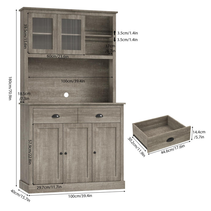 Armoire de rangement de cuisine, garde-manger en bois avec support pour micro-ondes, Gris, Gris
