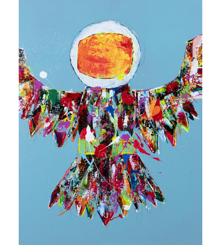 Owlstronaut on Blue par Jphono 1 - Peinture, Papier avec cadre noir, H 21,25 po x l 17,25 po