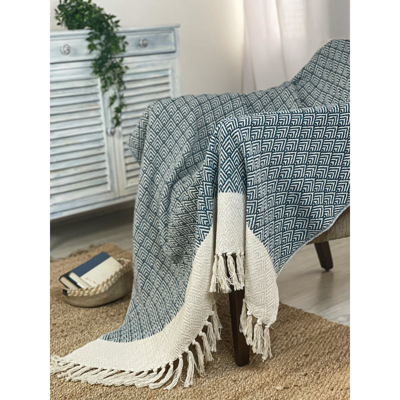 Ivory and Teal Blue Cotton Peacock Throw Blanket with Fringe