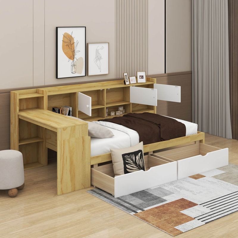 Lit de jour simple avec armoires et tiroirs, Naturel / Blanc
