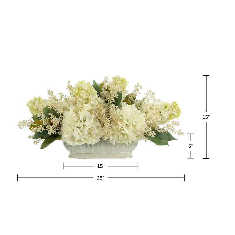 Assorted Hydrangea and Seeded Eucalyptus Arrangement in Oblong Ceramic Planter