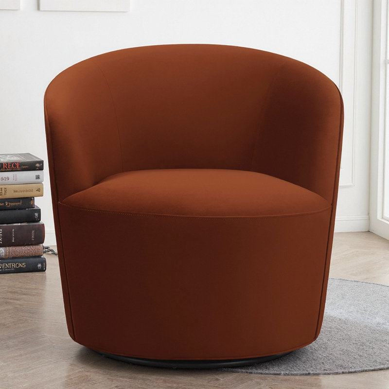 Chaise pivotante en velours orange brûlé Resnick - conception de baril rétro et rotation douce pour les espaces de vie modernes
