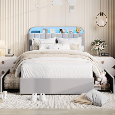 Queen Size Bed Frame with 2 Flexible Drawers, Velvet Upholstered Platform Bed Frame with Bookcase Headboard and LED Lights, Kids Bed for Girls, Easy Assembly, Noise Free, Grey