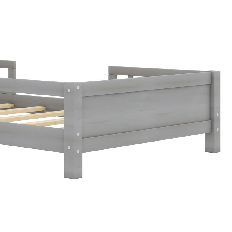 Lit plateforme en bois de style moderne avec lumières DEL, tête de lit avec rangement, garde-corps, Gris antique
