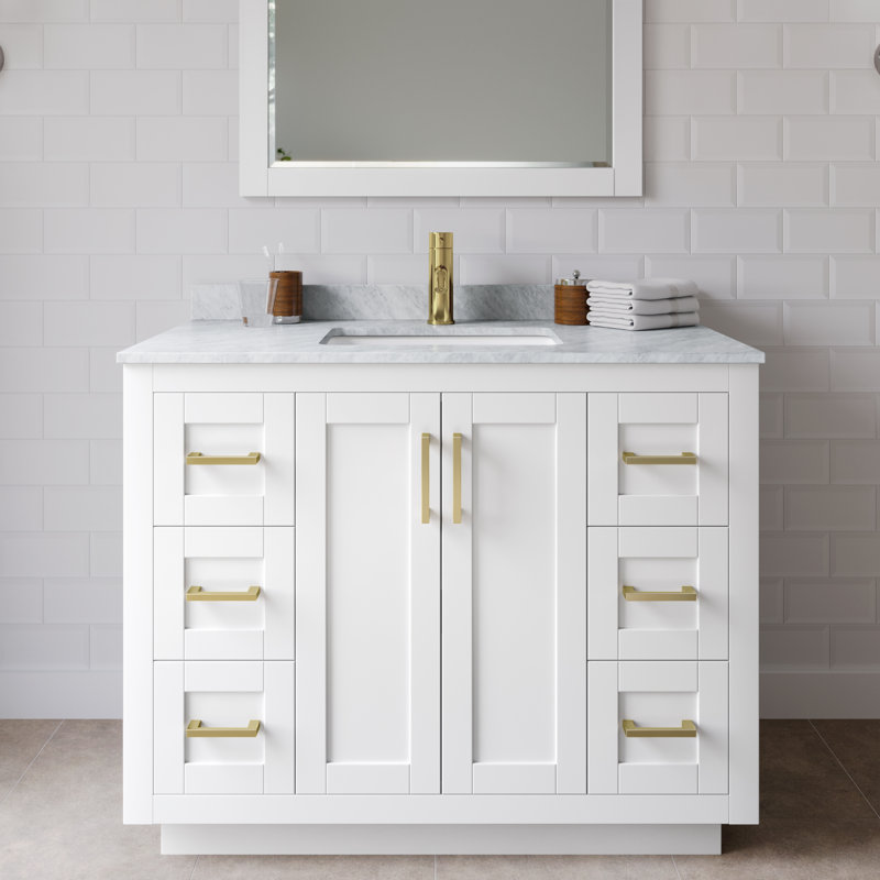 Miranda 42" Freestanding Single Bathroom Vanity with Marble Top with 34" Mirror, White, Brushed Gold