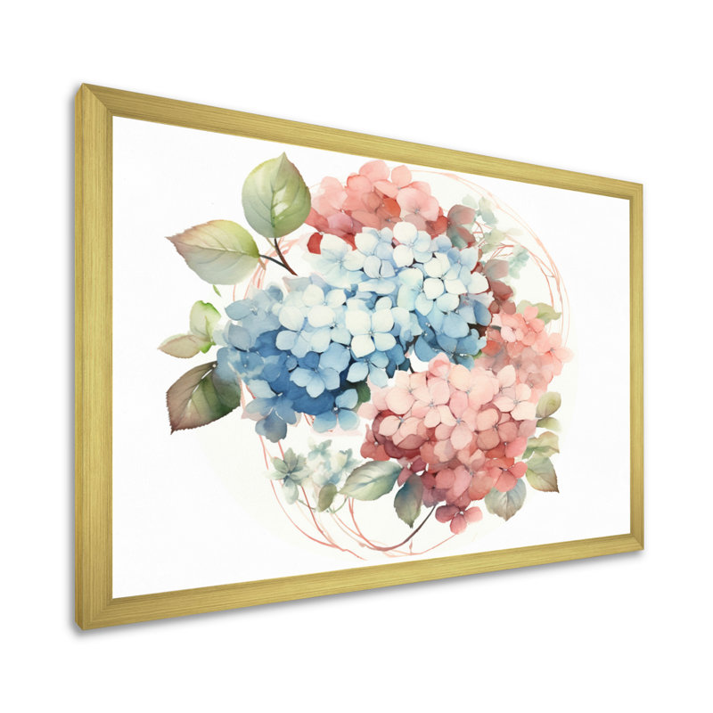 Hortensia rose, vert et fleurs II, H 12 po x l 20 po x P 1 po, Encadrement doré