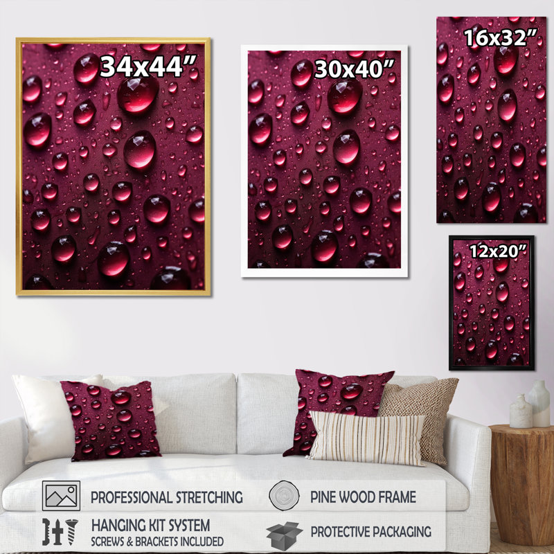 Rose rouge avec des gouttes de pluie, H 20 po x l 12 po x P 1 po, Cadre simple noir