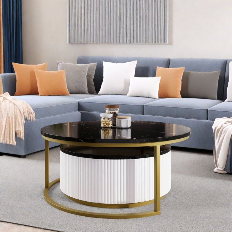 Modern Round Nesting Coffee Table Fluted with Drawer in Gold in 27.6", Black
