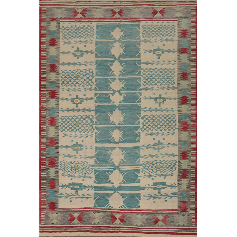 Tapis géométrique en laine tissé à plat Kilim 10 x 13