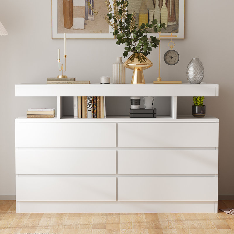 6 Drawer Dresser with Charging Station and LED Lights, White
