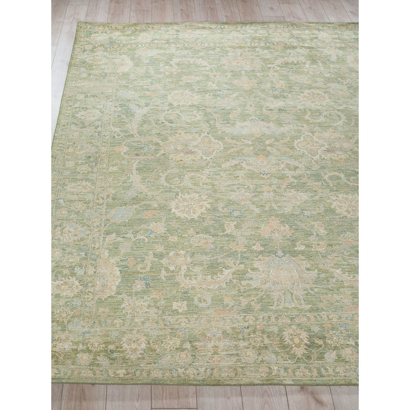 Santorini hand-knotted Wool/Silk Green Area Rug, Light Silver, Rectangle 9' x 12'