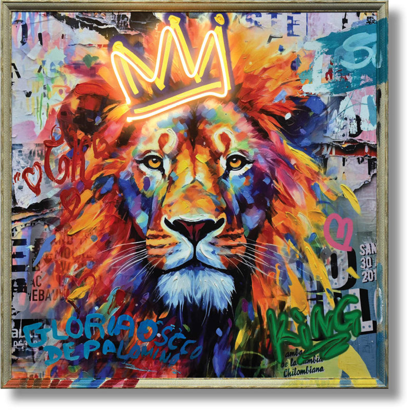 Lion avec couronne néon, art mural - 33 po x 33 po - Cadre multicolore