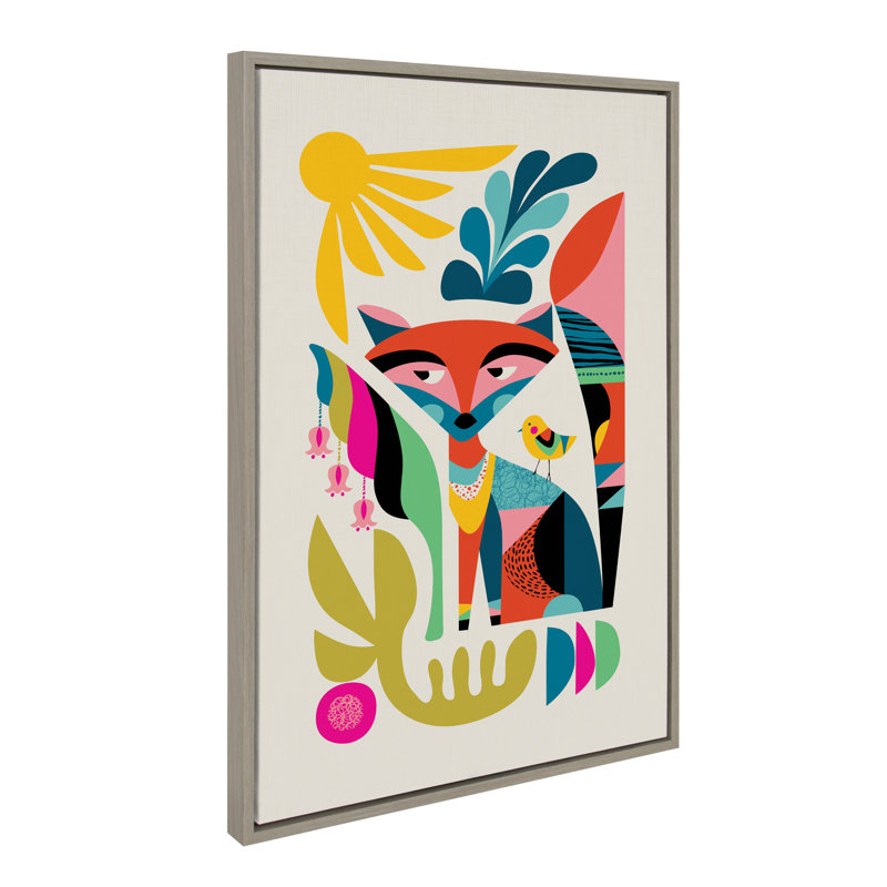 «Mid Century Modern Fox» par Rachel Lee, 3 oiseaux, reproduction d'art sur toile encadrée, Gris, H 23 po x l 33 po