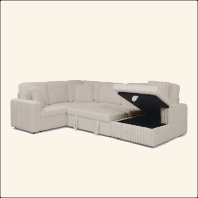 Corduroy Striped Upholstered Sofa, Modern Minimalist U-Shaped Combination Sofa, Pull - Out Bed & Storage Chaise, Seat Soft Couch - (Assembly Is Required)