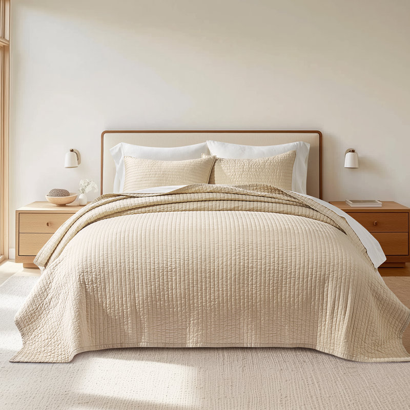 Ensemble de courtepointe en coton et satin, Courtepointe pour lit grand + deux taies décorati, Sable pâle