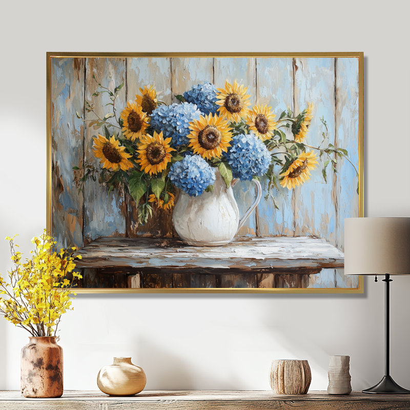 «Dubon Hydrangeas And Sunflowers Farmhouse I - Hydrangea», art mural, H 30 po x l 40 po, Impression encadrée flottante, Doré