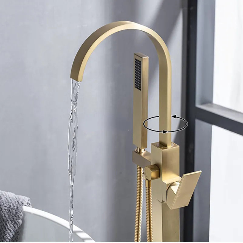 1 Handle Floor Mounted Waterfall Faucet with Diverter, Brushed Gold