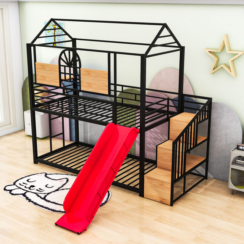 Lit pour enfant avec glissade et escalier de rangement Galatia, Noir et rouge