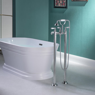 Floor-Mount Freestanding Tub Filler with Telephone-Style Hand Shower and Ceramic Handles, 3-Handle Modern Freestanding Soaking Tub Filler,