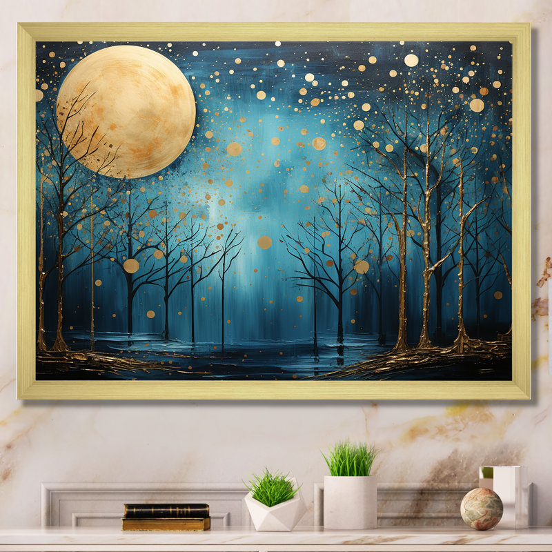 Azur, Ascension de la forêt au clair de lune, art mural grande lune, Cadre doré simple, H 24 po x l 32 po x P 1 po