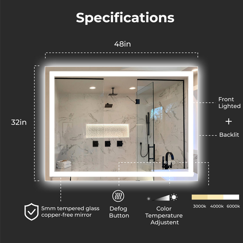 Miroir de salle de bain sans cadre à DEL, 36 po x 36 po
