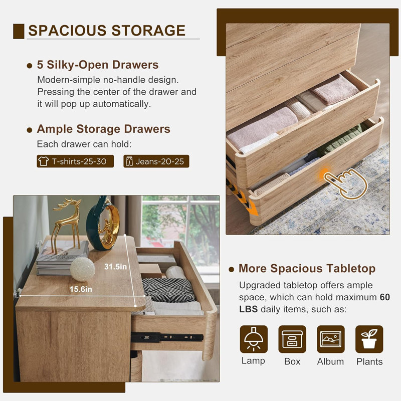  5 Drawer Modern Dresser, Wood Wide Chest of Drawers, Natural Oak