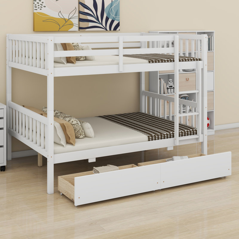 2-In-1 Wood Bunk Bed Convertible To 2 Beds With Drawers Ladder Safety Guardrails, White