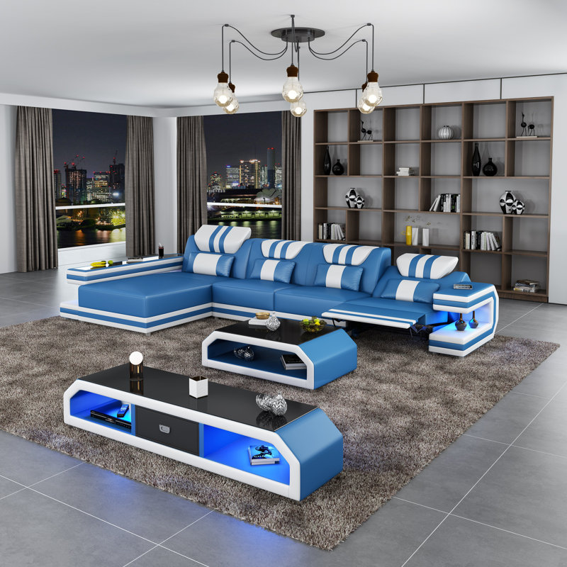 Lightspeed Sectional, Blue/White Genuine Leather, Left Hand Facing