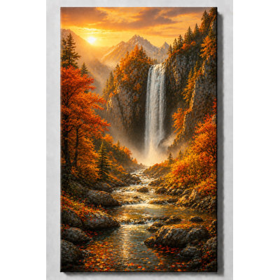 Grande chute d'eau d'automne, reproduction d'art sur toile, art de montagne de la nature rustique, décoration saisonnière pour salon, bureau de chambre à coucher, impression sur toile 24 x 36 pouces - prête à être accrochée