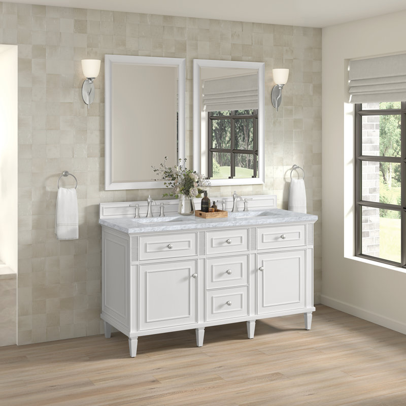 Ensemble de meuble-lavabo double 60 po Lorelai, Blanc brillant, Blanc de Carrare, 8 po