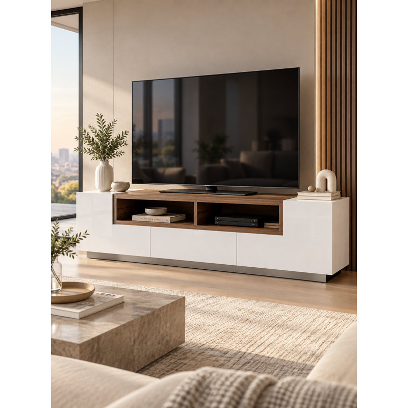 Matrix Modern TV Stand & Media Console – Walnut and White Entertainment Center with Storage Cabinets, Open Shelves & Contemporary Metal Base