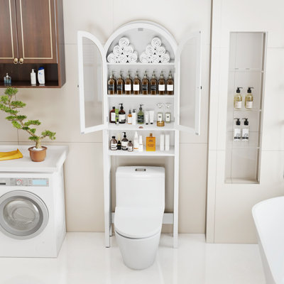 Armoire de rangement arquée au-dessus de la toilette avec 2 portes en acrylique, support de toilette étroit à 4 niveaux avec tablette réglable