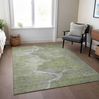 Machine Washable Indoor/Outdoor Xhevrie Green Rug