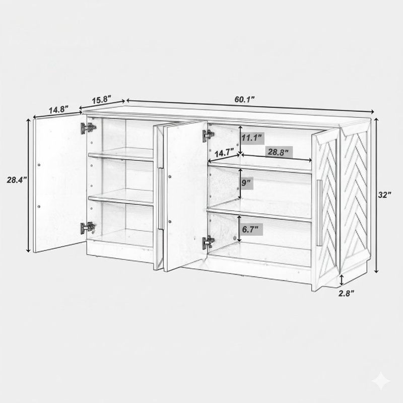 Buffet avec rangement, une unité de buffet avec des tablettes réglables et des poignées de ton argent, un buffet conçu pour la cuisine, la salle à manger et le salon avec une finition blanche