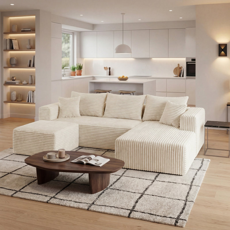 Canapé d'angle en U compressé de 350 cm (137,8 po) pour salon, canapé modulable en tissu flanelle, support à ressorts ensachés et base antidérapante, aucun assemblage requis, beige