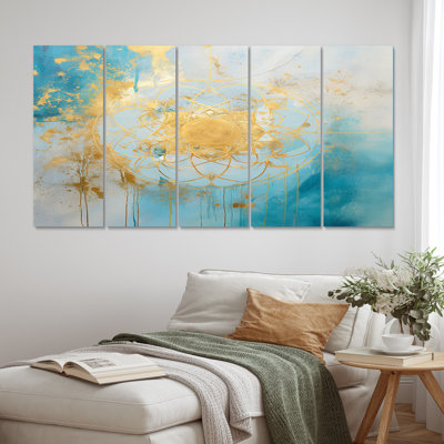 Divine mandala délicat or délicat turquoise V - décoration murale mandala boho - 5 panneaux égaux