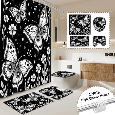 Ensemble de 4 rideaux de douche papillon, ensemble de rideau de salle de bain avec 12 crochets inclus, tapis antidérapant pour la salle de bain, tapis de toilette en U, housse de couvercle de toilette, accessoires de salle de bain toutes saisons