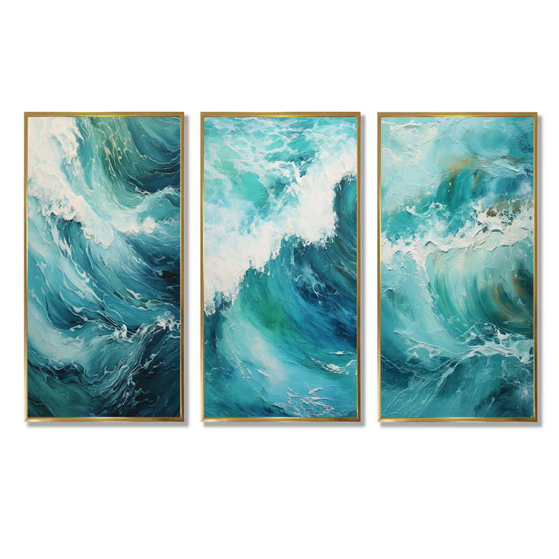 Expression de vagues bleu sarcelle, Cadre flottant doré, H 28 po x l 36 po