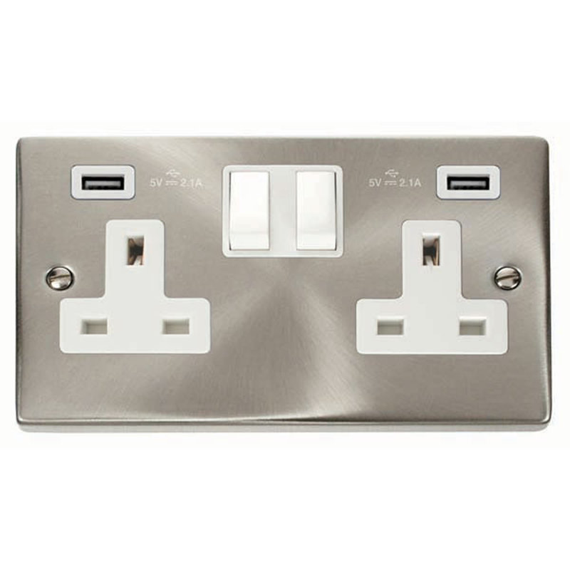Satin / Brushed Chrome 2 Gang 13A 2 USB Twin Double Switched Plug Socket