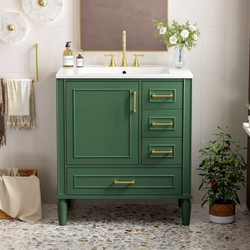 Catina 30" Bathroom Vanity Cabinet with Ceramic Sink & Multi-Drawer Storage, Green