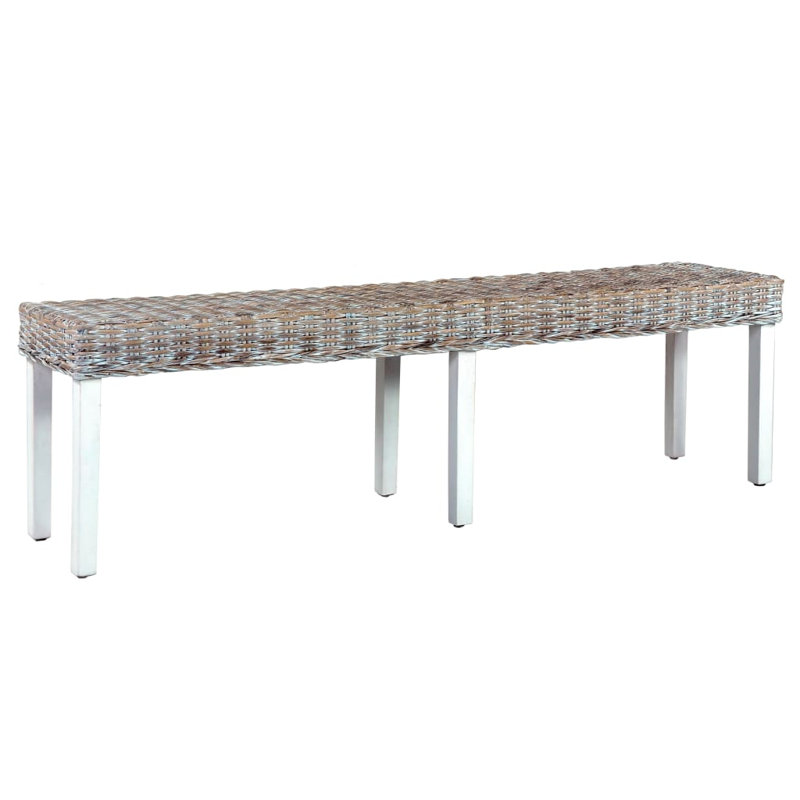 Bench Kitchen Dining Bench Natural Kubu Rattan and Solid Mango Wood, Light Gray/White