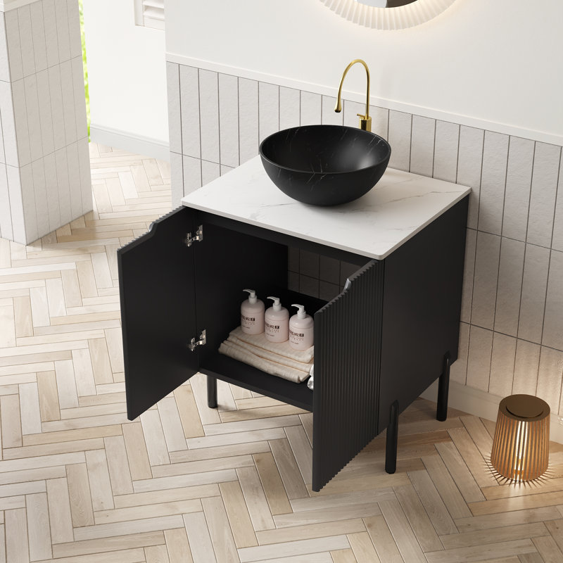 Meuble-lavabo double autoportant avec plateau en pierre frittée et vasques, 24.02