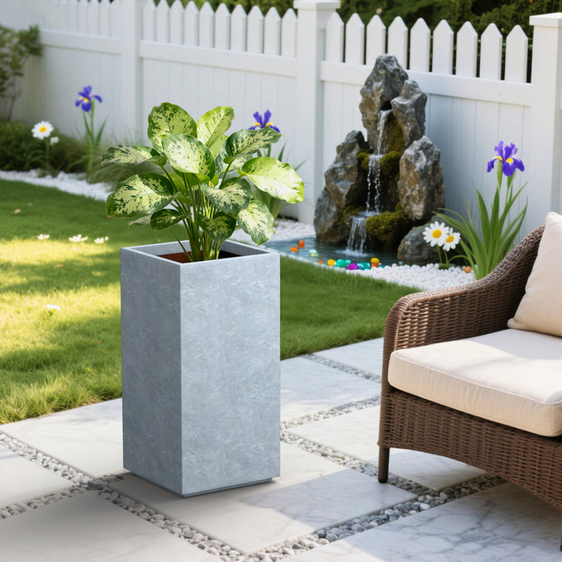 13.5" W x 27.5" H Large Concrete Rectangular Flower Planter Indoor Outdoor Plant Pot with Drainage Holes, Slate Gray