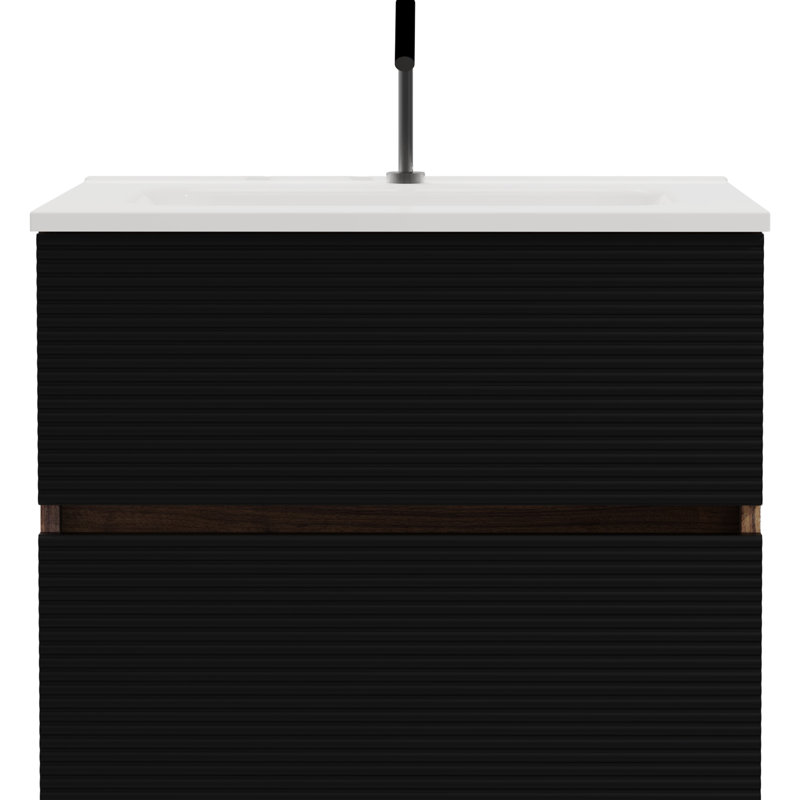 Meuble-lavabo moderne de 24 po - Noir doux et couleur noyer. Grand rangement avec trop-plein en céramique. Système de système de fermeture en douceur silencieuse. Rangement spacieux intégré, fonctionnel